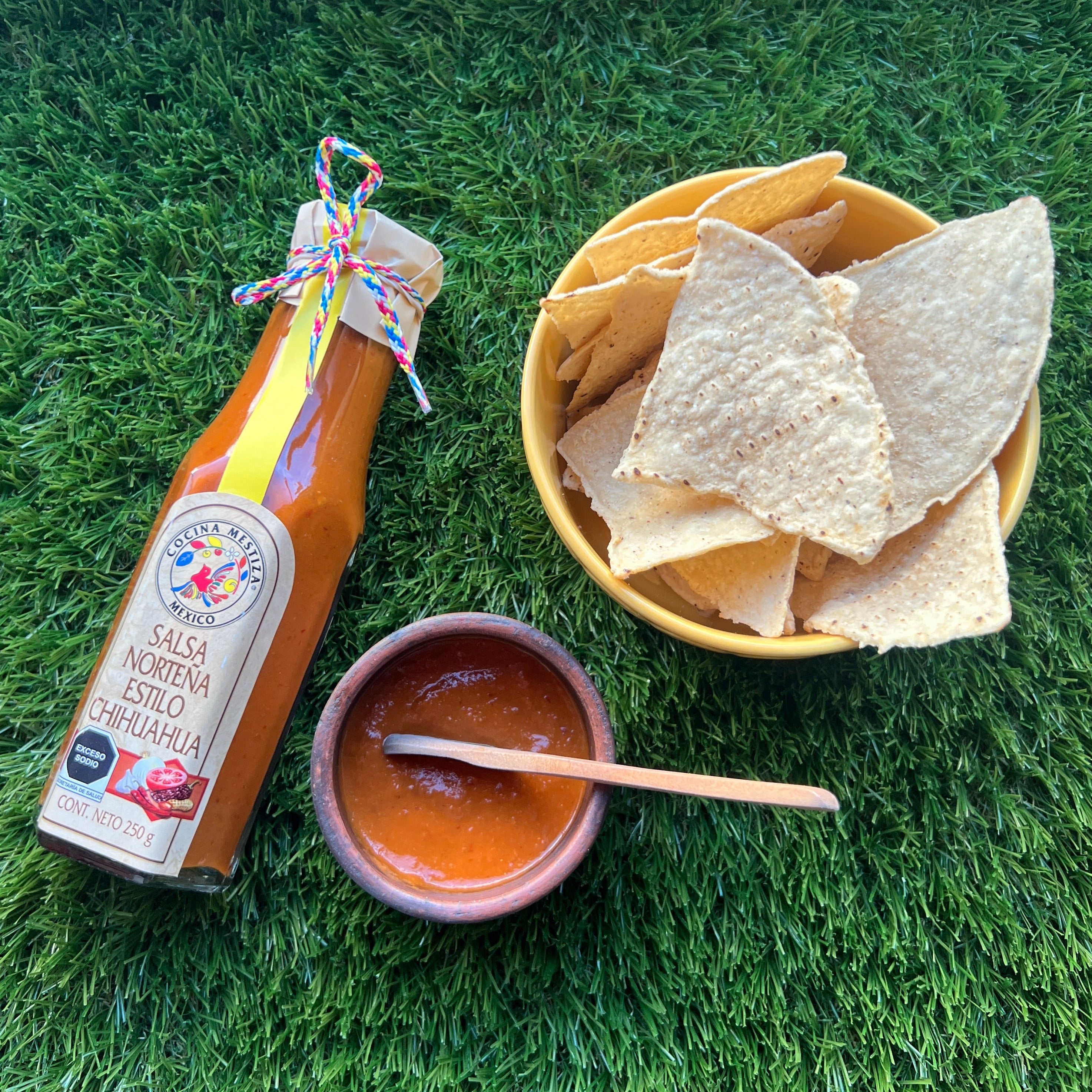 a bottle of Salsa Nortena Chihuahua Style laying on grass with a bowl of Charra Tortilla Chips Original and some of the salsa in a small bowl with a wooden spoon