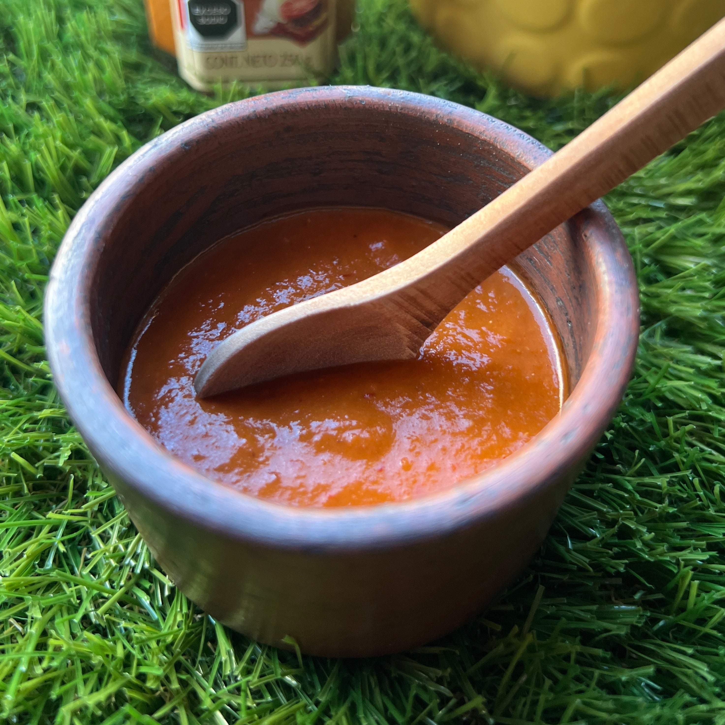 a brown clay bowl with some Chihuahua Style Salsa in it and  a wooden spoon all sitting on green grass