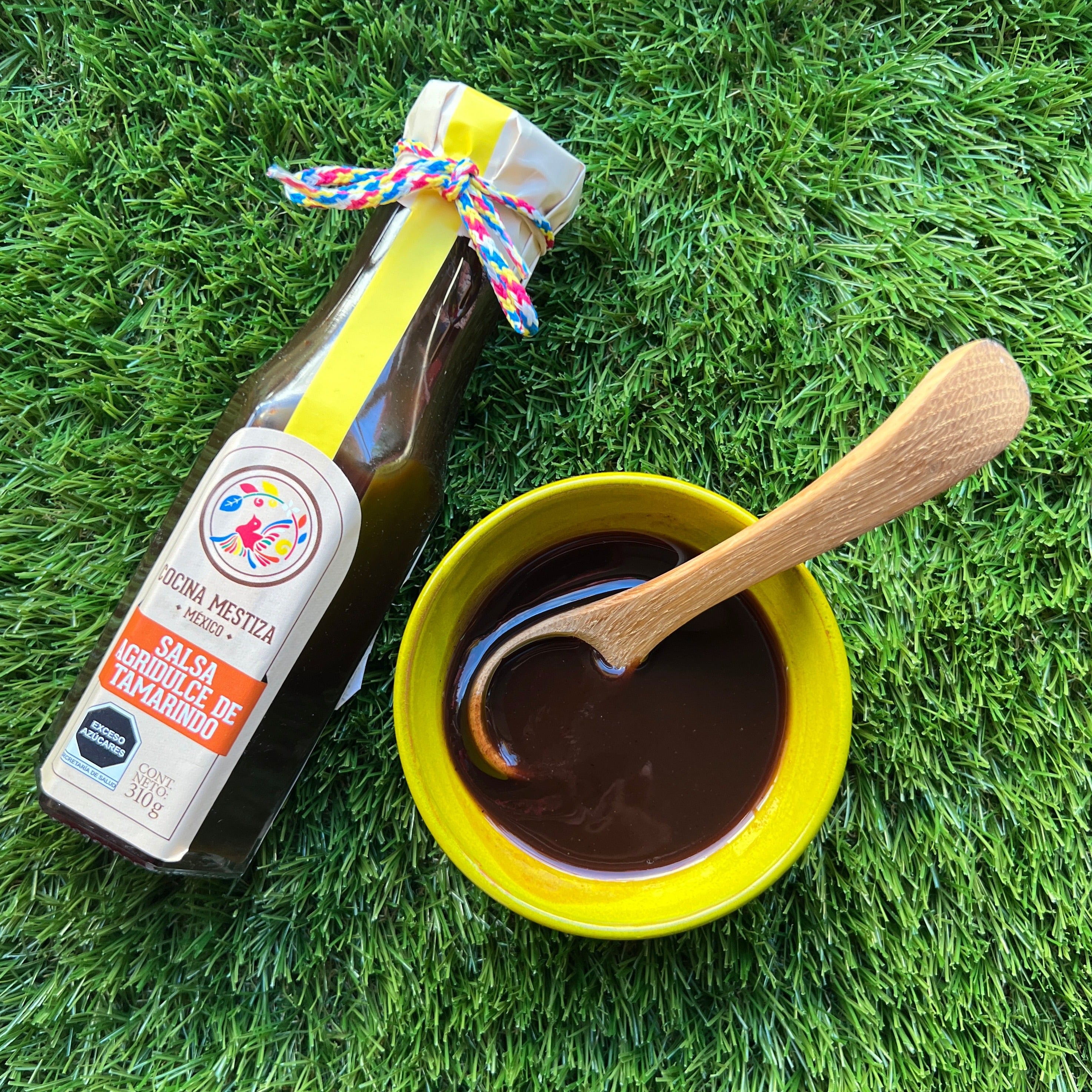 A bottle of Tamarind Sweet & Sour Sauce with a small green bowl with salsa and a wooden spoon. All laid down on green grass